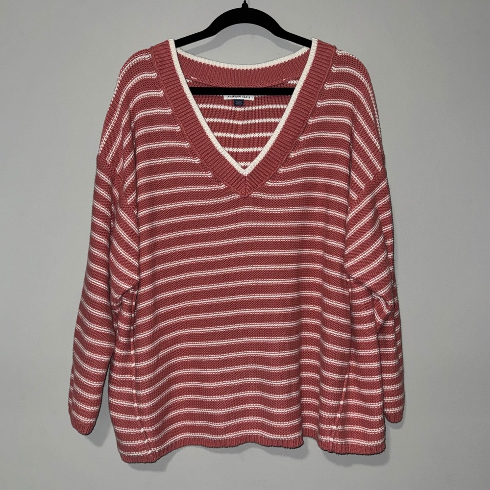 American Eagle Pink White Striped V-Neck Shaker Knit Oversized Sweater XL